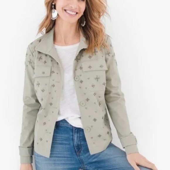 CHICO'S Green Beaded Utility Jacket - Picture 6 of 7